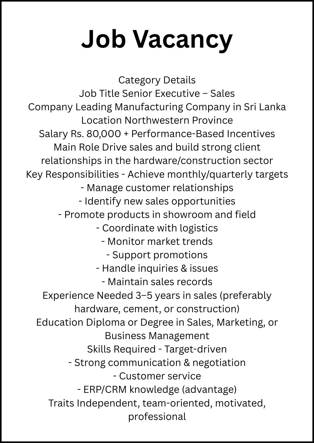 Sales Executive Job Application Kandy 2025 Full Time